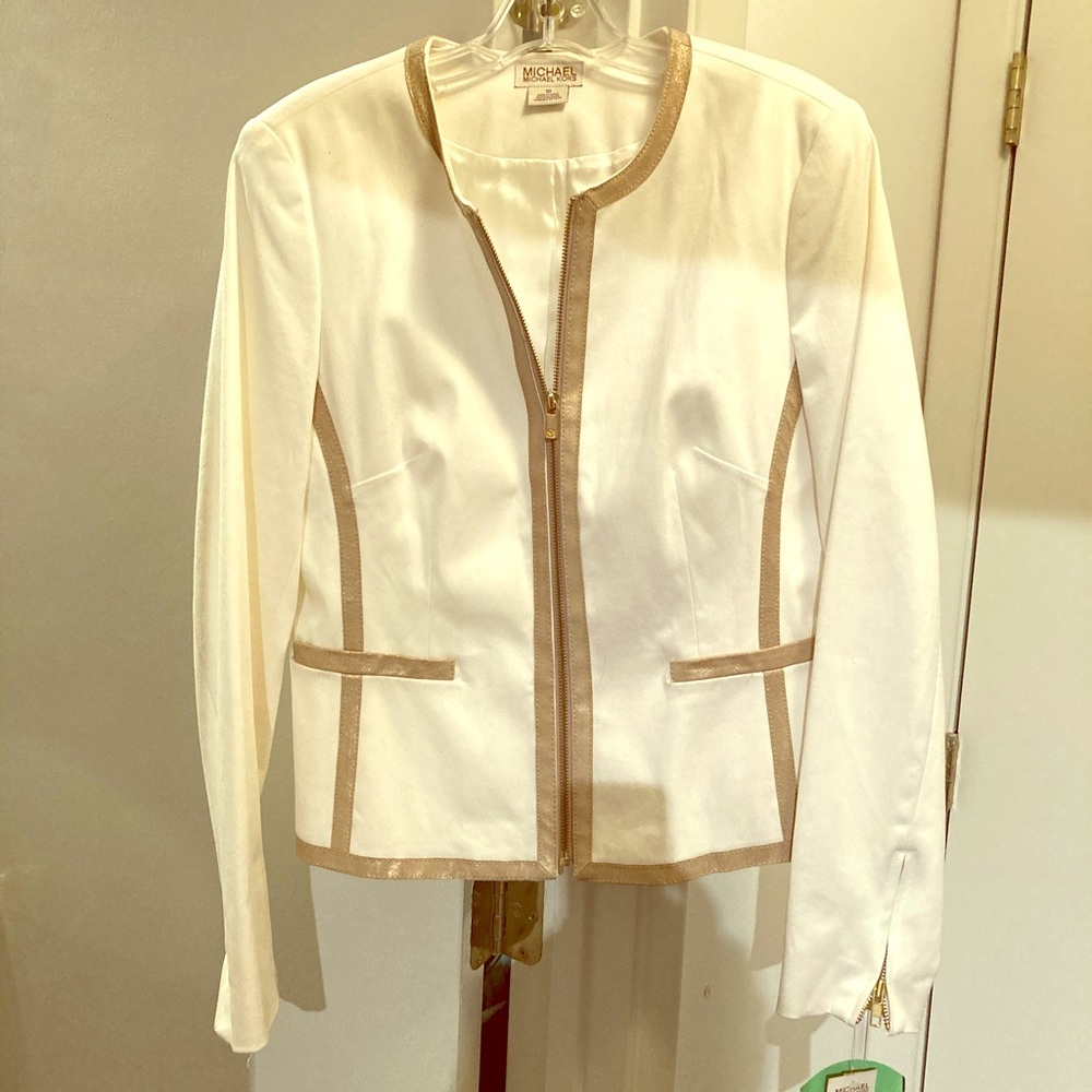 Michael Kors white jacket with gold leather trim